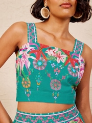 Love & Roses X V&A Green Petite Floral Placement Print Crop Top - Image 3 of 5