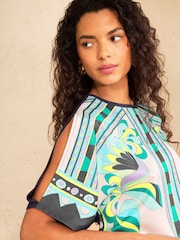 Love & Roses Navy And Ivory Abstract Print Petite Batwing Satin Front Jersey T-Shirt - Image 2 of 5