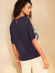 Love & Roses Navy And Ivory Abstract Print Petite Batwing Satin Front Jersey T-Shirt - Image 5 of 5