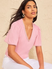 Love & Roses Blush Pink Petite Embellished V-Neck Jersey T-Shirt - Image 4 of 4