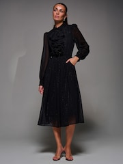 Jolie Moi Black Textured Chiffon Ruffle Shirt Dress - Image 1 of 6