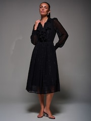 Jolie Moi Black Textured Chiffon Ruffle Shirt Dress - Image 3 of 6