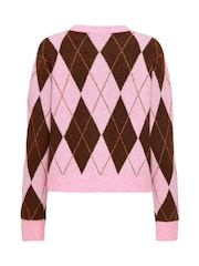 Cardigã de malha argyle com gola redonda, somente para uso exclusivo. - Imagem 7 de 8