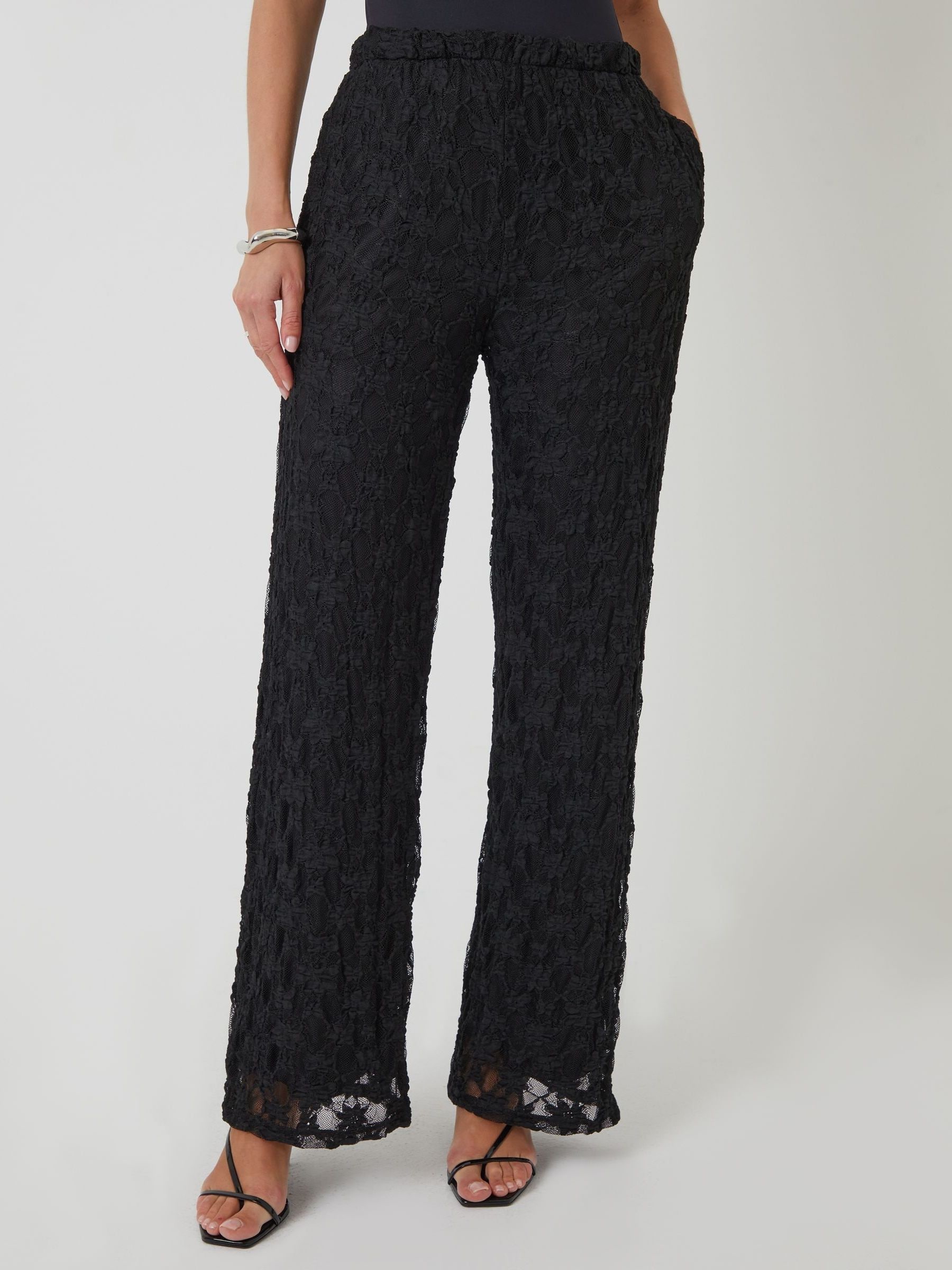 Buy Threadbare Black Wide Leg Pull On Lace Trousers from the Next