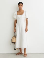 Reiss Riva Linen Puff-Sleeve Embroidered Midi Dress - 7的图像1｝
