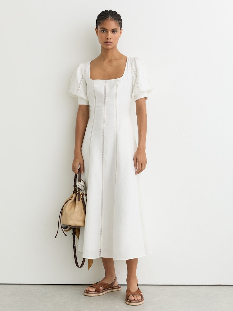 Reiss Riva Linen Puff-Sleeve Embroidered Midi Dress - 7的图像1｝
