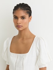 Reiss Riva Linen Puff-Sleeve Embroidered Midi Dress - 7的图像5｝