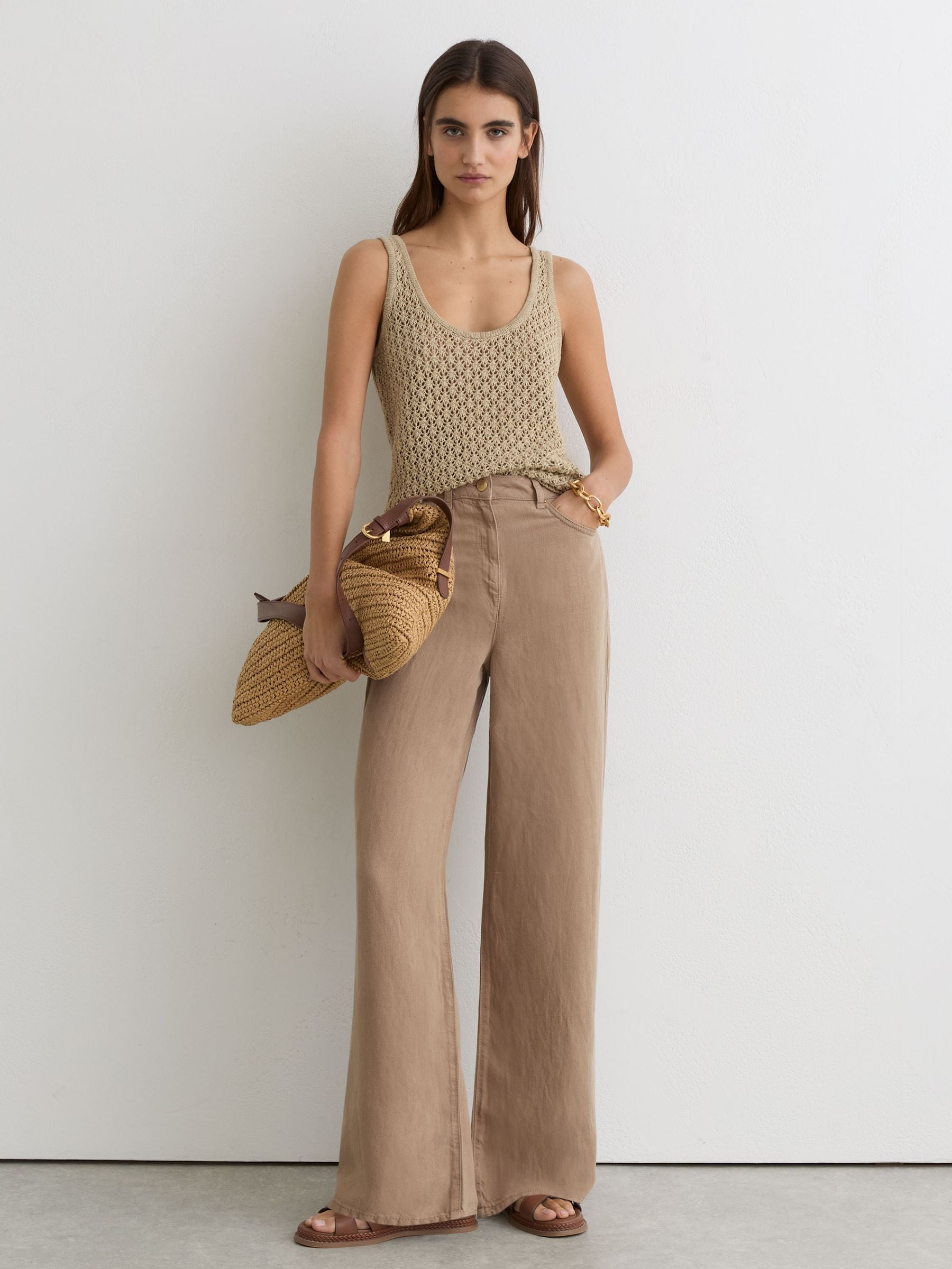 Buy Reiss Taupe Neutral Carmen Lyocell-Linen Wide-Leg Trousers