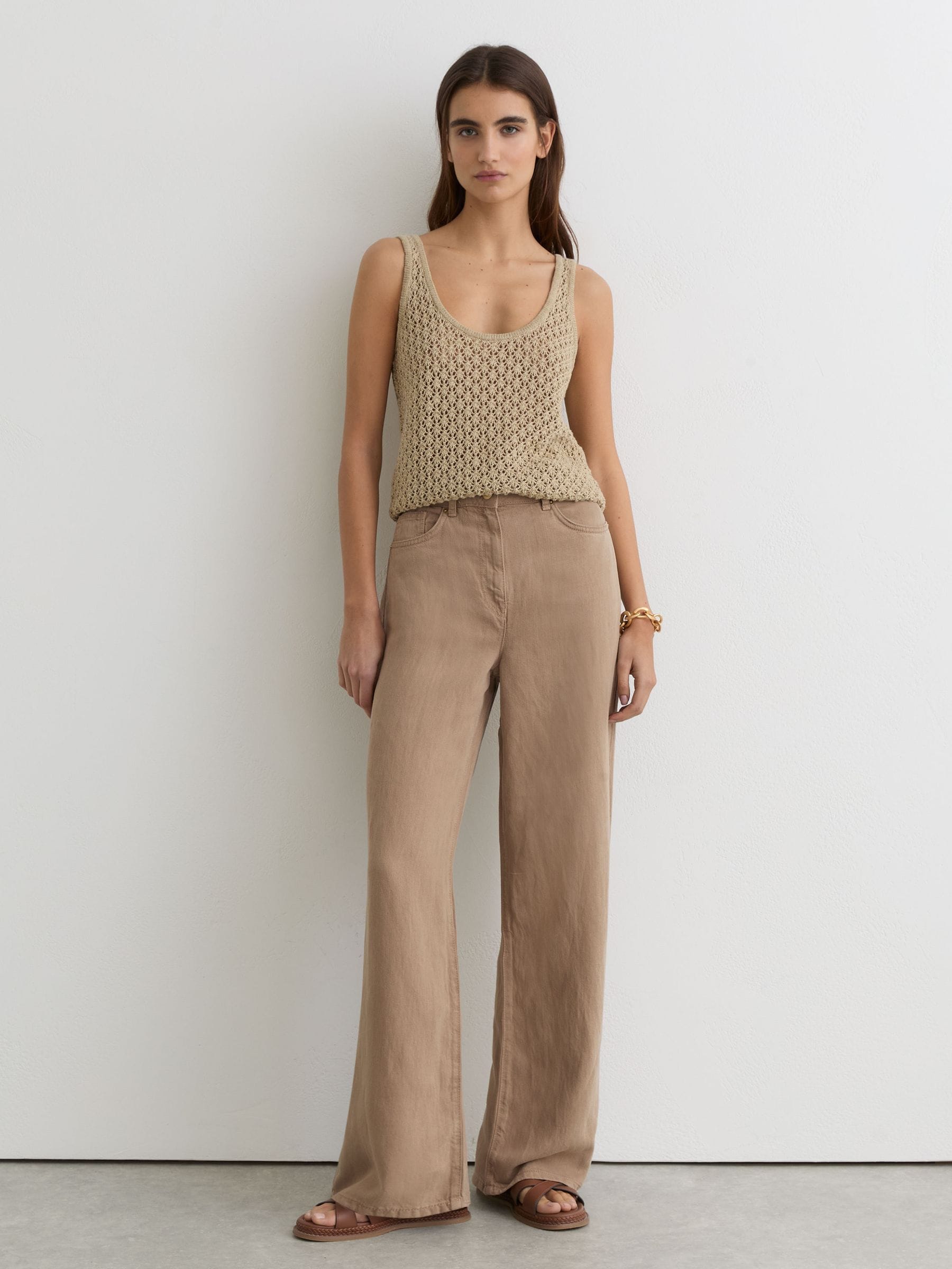 Buy Reiss Taupe Neutral Carmen Lyocell-Linen Wide-Leg Trousers