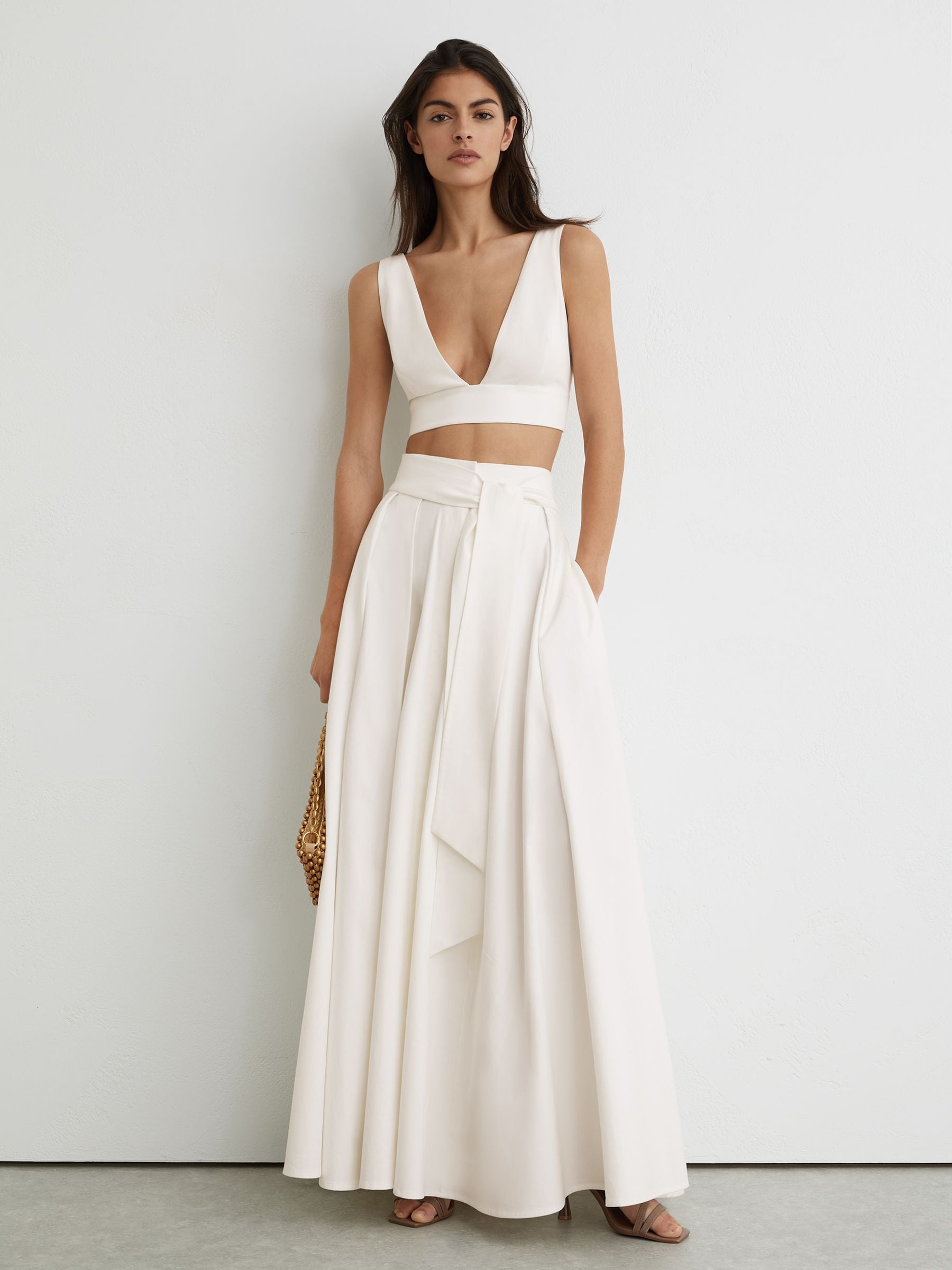 Buy Reiss Ivory Simone Cotton Tie-Back Plunge Cropped Top from
