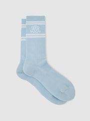 Powder Blue / White - Reiss Maurice Monogram Cotton-Blend Ribbed Socks - Image 1 of 3
