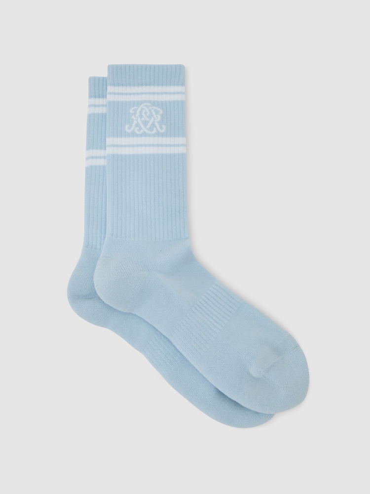 Powder Blue / White - Reiss Maurice Monogram Cotton-Blend Ribbed Socks - Image 1 of 3