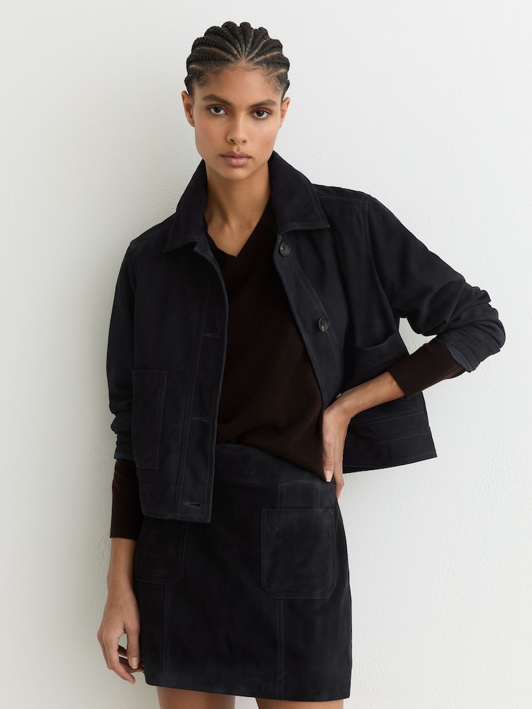 Reiss Navy Vida Suede Patch-Pocket Mini Skirt - Image 1 of 6