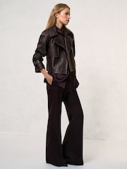 Reiss Oxblood Burgundy Bodie Petite Leather Cropped Trench Jacket - Image 5 of 7
