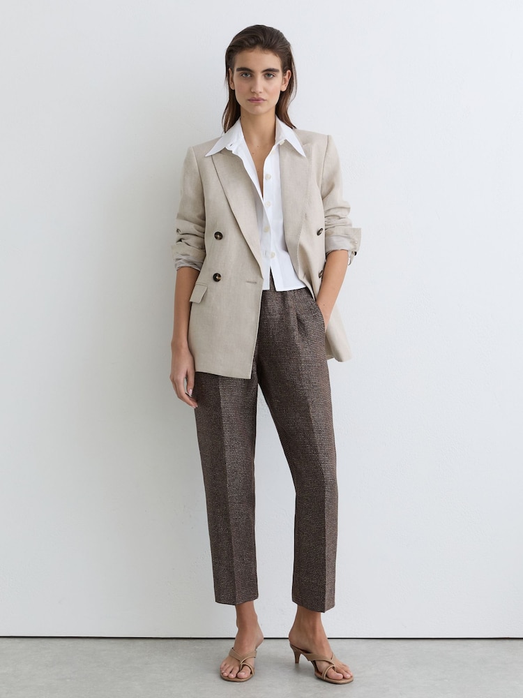 Reiss Brown Lourdes Petite Woven Linen Cropped Tapered Trousers - Image 1 of 8