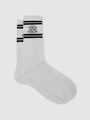 أبيض/أزرق داكن - Reiss Maurice Monogram Cotton-Blend Ribbed Socks - Image 1 of 3