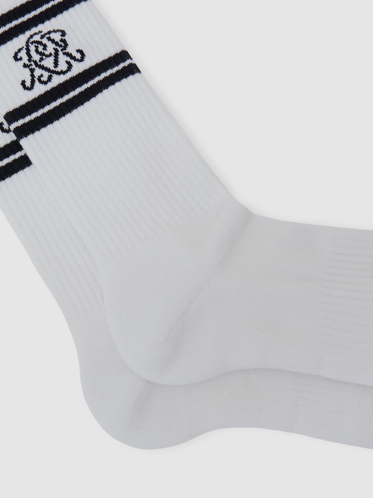 أبيض/أزرق داكن - Reiss Maurice Monogram Cotton-Blend Ribbed Socks - Image 2 of 3