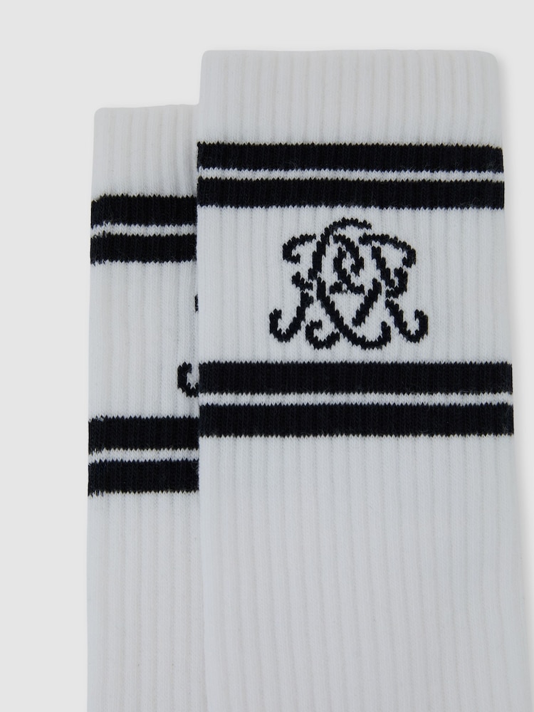 أبيض/أزرق داكن - Reiss Maurice Monogram Cotton-Blend Ribbed Socks - Image 3 of 3