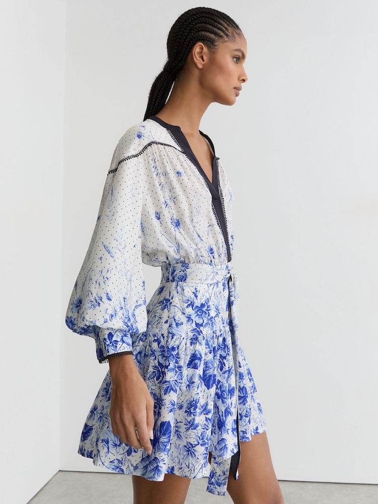 Reiss Ivory/Blue Anisa Floral-Print Belted Mini Dress - Image 1 of 6 Reiss Ivory/Blue Anisa Floral-Print Belted Mini Dress - Image 1 of 6