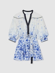 Reiss Ivory/Blue Anisa Floral-Print Belted Mini Dress - Image 2 of 6