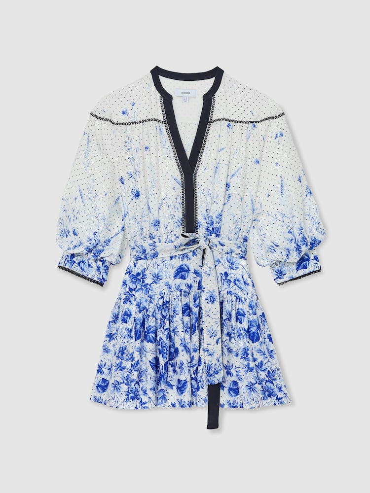 Reiss Ivory/Blue Anisa Floral-Print Belted Mini Dress - Image 2 of 6 Reiss Ivory/Blue Anisa Floral-Print Belted Mini Dress - Image 2 of 6