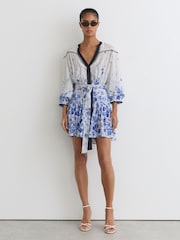 Reiss Ivory/Blue Anisa Floral-Print Belted Mini Dress - Image 3 of 6