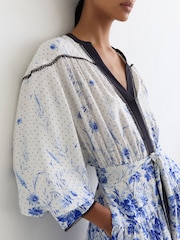 Reiss Ivory/Blue Anisa Floral-Print Belted Mini Dress - Image 4 of 6