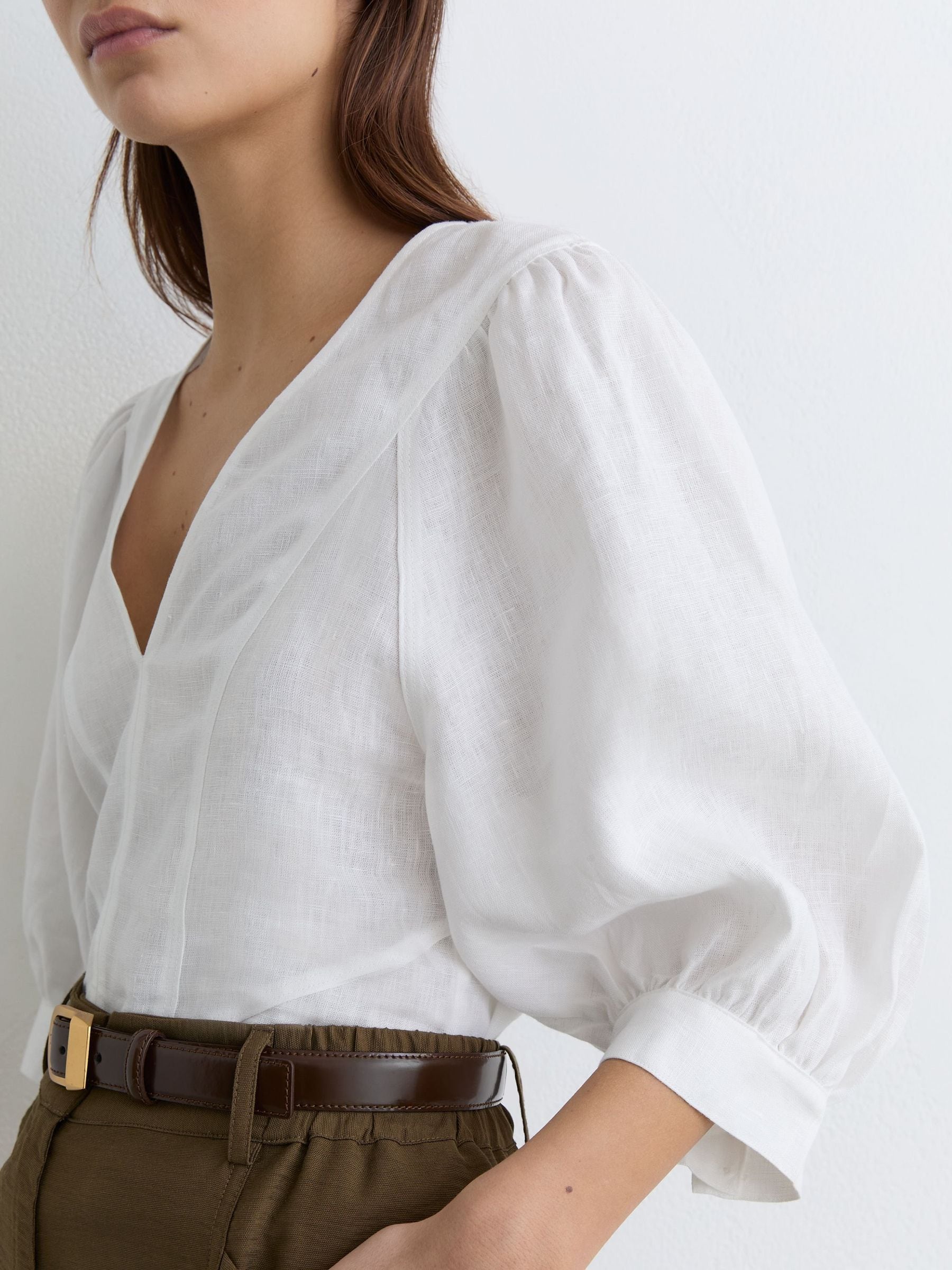 Buy Reiss Ivory Evie Linen Balloon-Sleeve Top from Next USA