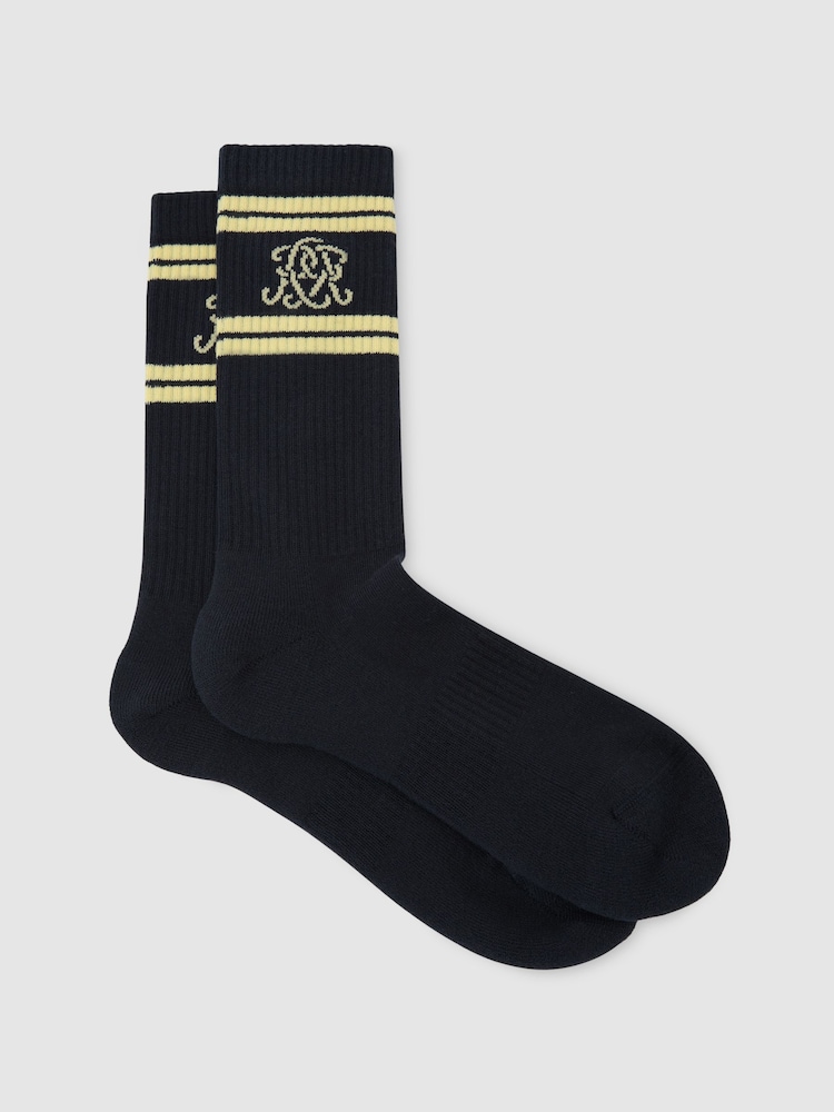 أزرق داكن/أصفر - Reiss Maurice Monogram Cotton-Blend Ribbed Socks - Image 1 of 3