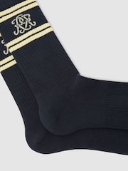 أزرق داكن/أصفر - Reiss Maurice Monogram Cotton-Blend Ribbed Socks - Image 2 of 3