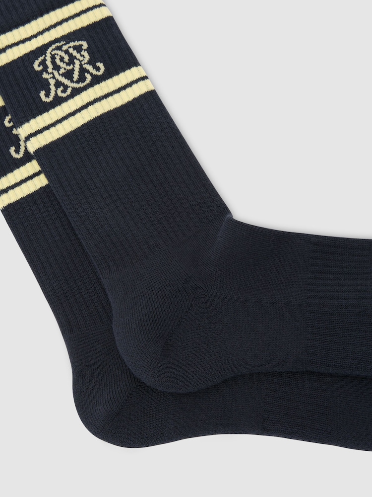 أزرق داكن/أصفر - Reiss Maurice Monogram Cotton-Blend Ribbed Socks - Image 2 of 3