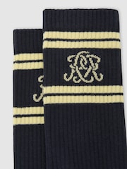 أزرق داكن/أصفر - Reiss Maurice Monogram Cotton-Blend Ribbed Socks - Image 3 of 3