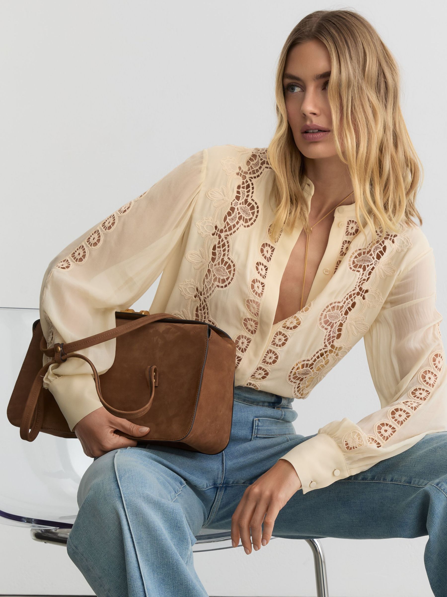 Buy Reiss Pale Yellow Mia Cutwork-Embroidery Sheer-Sleeve Blouse