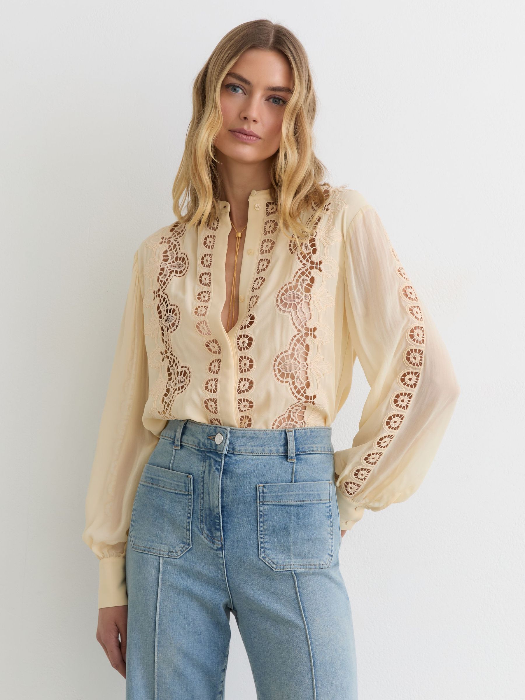 Buy Reiss Pale Yellow Mia Cutwork-Embroidery Sheer-Sleeve Blouse