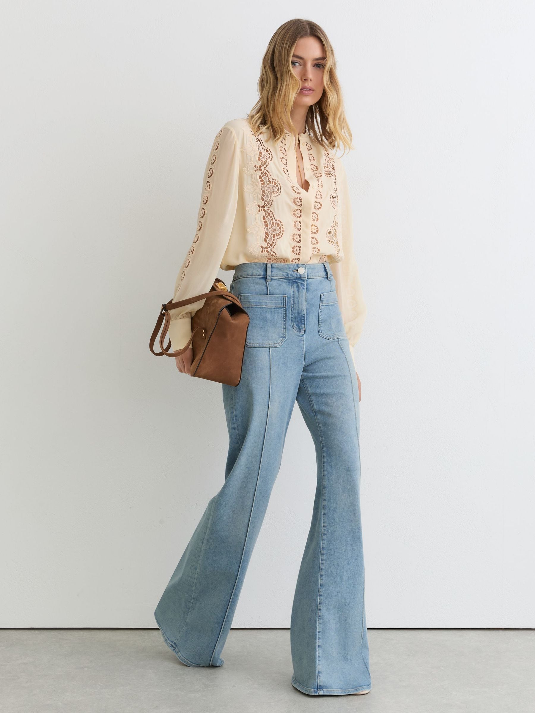 Buy Reiss Pale Yellow Mia Cutwork-Embroidery Sheer-Sleeve Blouse