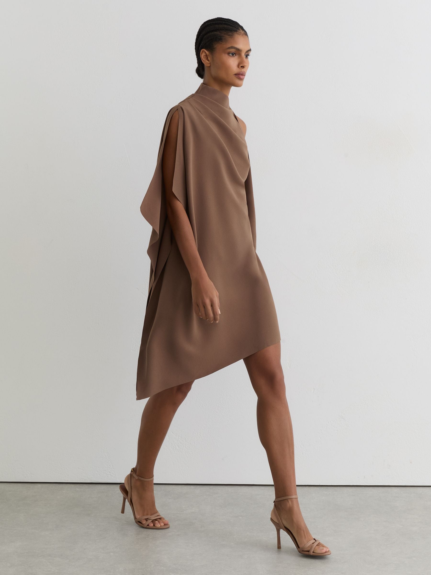 Buy Reiss Taupe Brown Ellery One-Shoulder Draped Mini Dress from