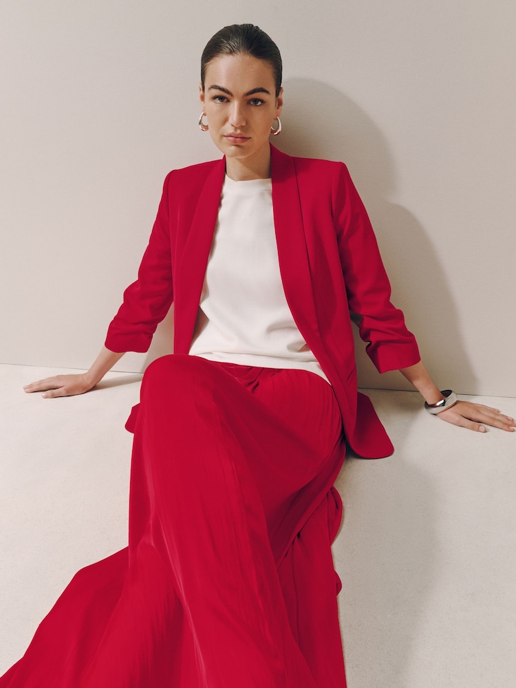 Red Relaxed Ruched Sleeve Blazer - Image 2 of 9 Red Relaxed Ruched Sleeve Blazer - Image 2 of 9