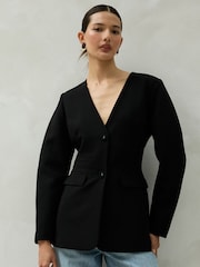 Black V-Neck Collarless Blazer - Image 2 of 11