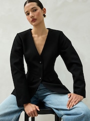 Black V-Neck Collarless Blazer - Image 3 of 11