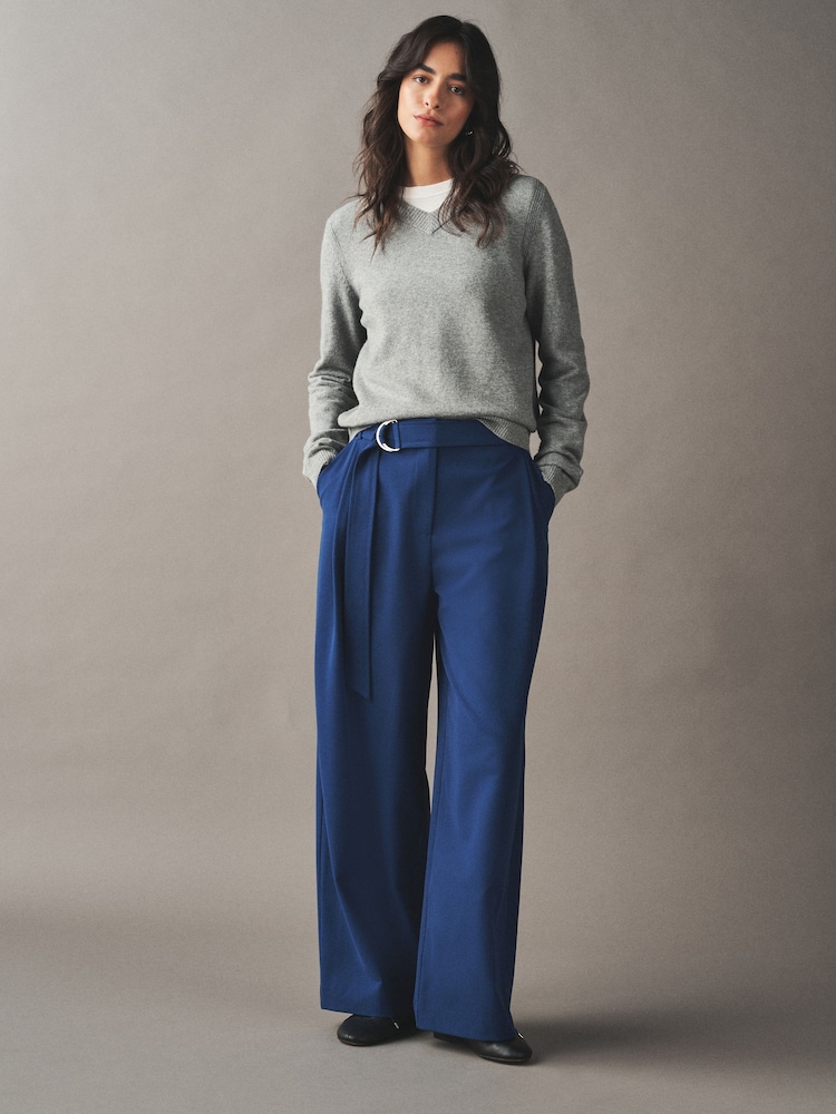 钴蓝色 - Belted Wide Leg Trousers - 图片1 / 4