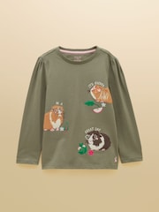 Joules Girls' Ava Khaki Green Applique Long Sleeve Top - Image 1 of 5