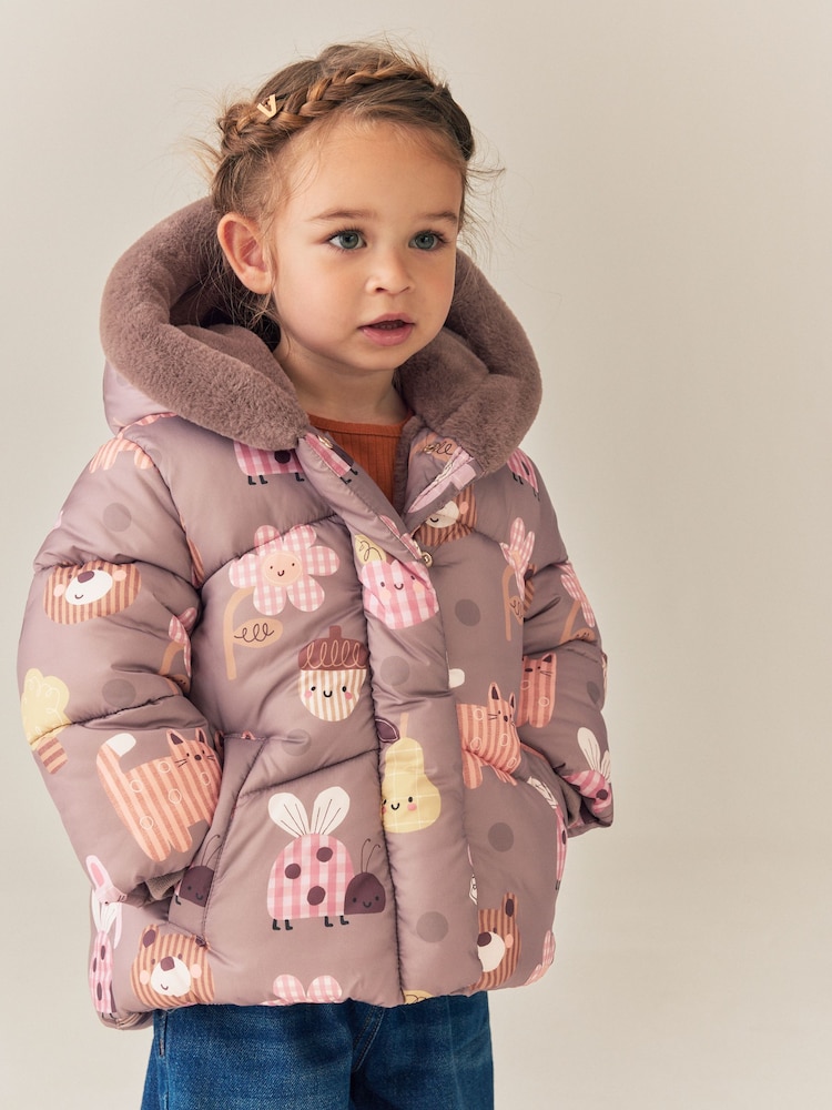 Chocolate Brown Characters Shower Resistant Faux Fur Trim Padded Coat (6mths-7yrs) - Image 1 of 10 Chocolate Brown Characters Shower Resistant Faux Fur Trim Padded Coat (6mths-7yrs) - Image 1 of 10