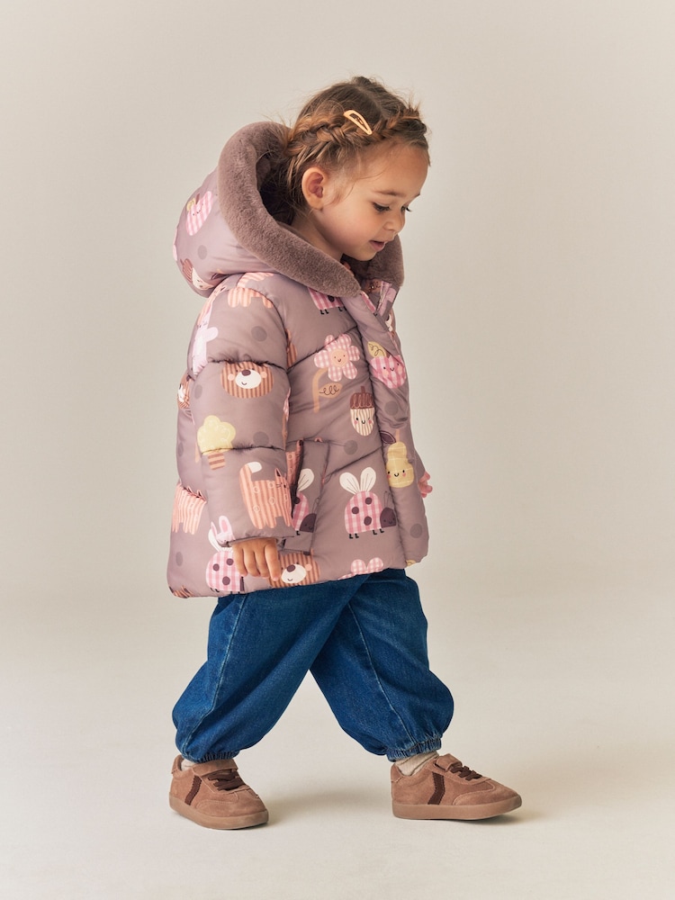 Chocolate Brown Characters Shower Resistant Faux Fur Trim Padded Coat (6mths-7yrs) - Image 2 of 10 Chocolate Brown Characters Shower Resistant Faux Fur Trim Padded Coat (6mths-7yrs) - Image 2 of 10