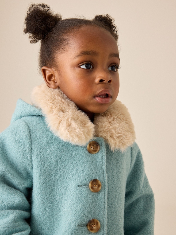 Asul - Faux Fur Collar Hooded Coat (3mths-7yrs) - Larawan 4 ng 4 Asul - Faux Fur Collar Hooded Coat (3mths-7yrs) - Larawan 4 ng 4