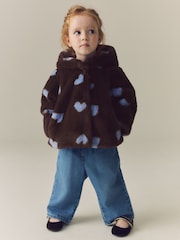 Chocolate Brown Hearts - Faux Fur Hooded Coat (12mths-7yrs) - תמונה 1 מתוך 9