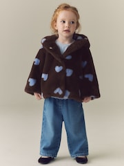 Chocolate Brown Hearts - Faux Fur Hooded Coat (12mths-7yrs) - תמונה 2 מתוך 9
