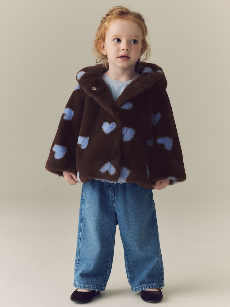 Chocolate Brown Hearts - Faux Fur Hooded Coat (12mths-7yrs) - תמונה 2 מתוך 9