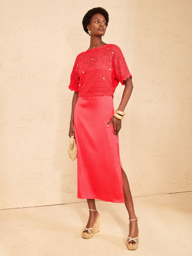 Love & Roses Red Knitted Crochet 2 in 1 Midi Dress With Nautical Charm Details - Image 1 of 4