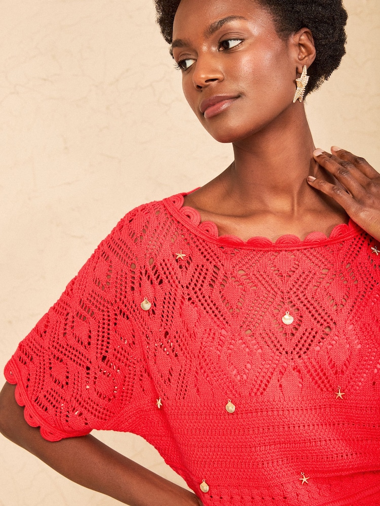 Love & Roses Red Knitted Crochet 2 in 1 Midi Dress With Nautical Charm Details - Image 2 of 4