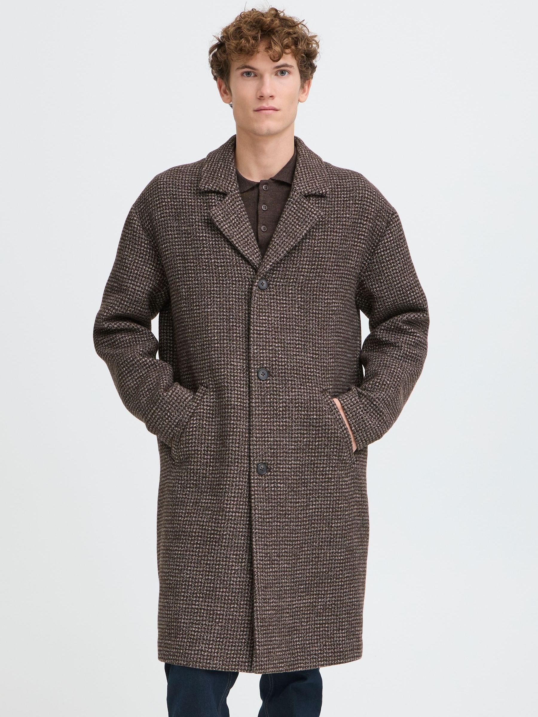 Buy Casual Friday Brown CFFRIDOLF Houndstooth Wool Mix Overcoat